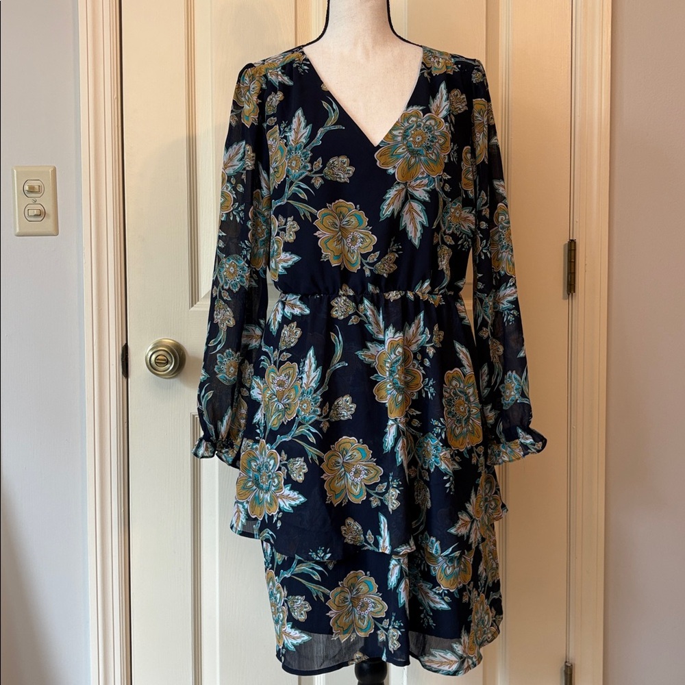 J.Crew Bold Floral Tiered Long Sleeve Flounce Midi Dress Size 8 Navy Blue